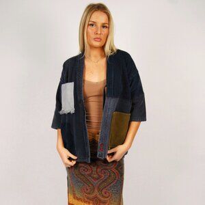 70s Terry Cloth Jacket (L) large blue brown patchwork vintage boho hippie gi